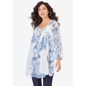 Roamans Tunic Top Plus 26W White Blue Floral Embellished Layered Chiffon Boho
